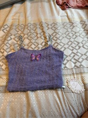 Purple Fuzzy Chain-Strap Crop Top with Butterfly Accent